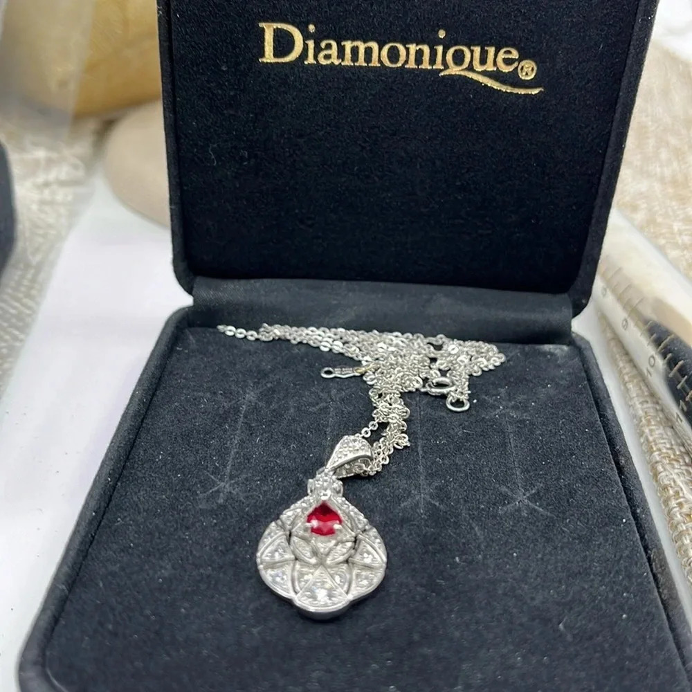 Vintage QVC Diamonique Garnet Necklace - Sterling Silver 925 - Picture 3 of 17